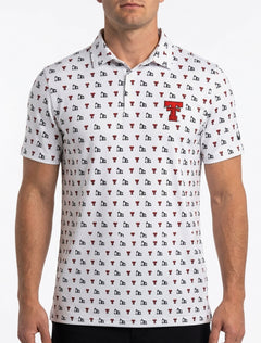 White Texas Tech polo with an allover print of red throwback Double Ts and black pumpjacks and an embroidered Double T at the chest