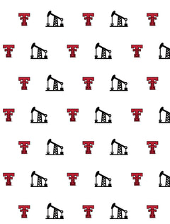 Detail of the allover print alternating red throwback Double Ts with black pumpjacks