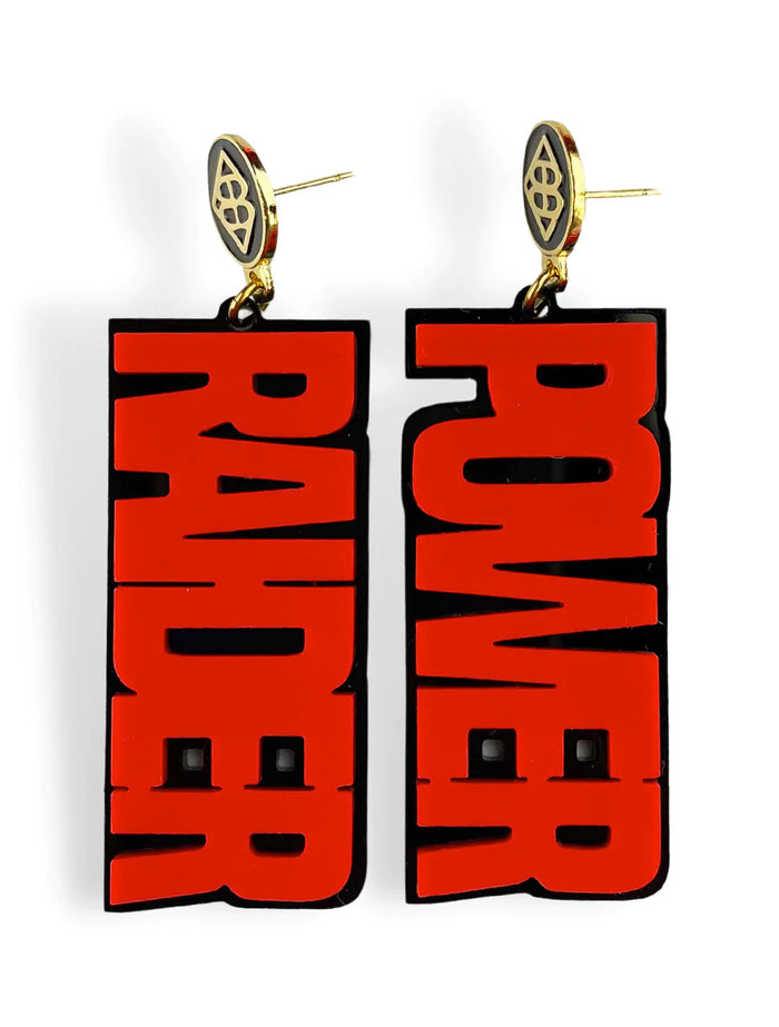 Pair of red acrylic Texas Tech dangle earrings reading RAIDER and POWER in bold black lettering, on gold plated posts with the Brianna Cannon monogram