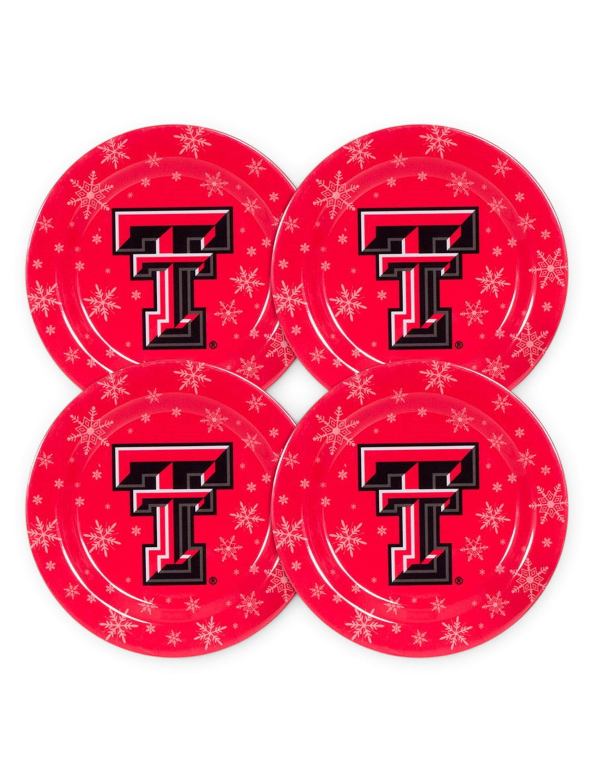 Set of 4 Texas Tech Double T with Snowflakes on Red Plates – Front view