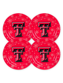 Set of 4 Texas Tech Double T with Snowflakes on Red Plates – Front view