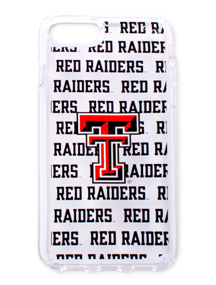 Speck Texas Tech Red Raiders Double T on Clear Case with Repeating "Red Raiders" Word Wrapped Background Cell Phone Case – Front view
