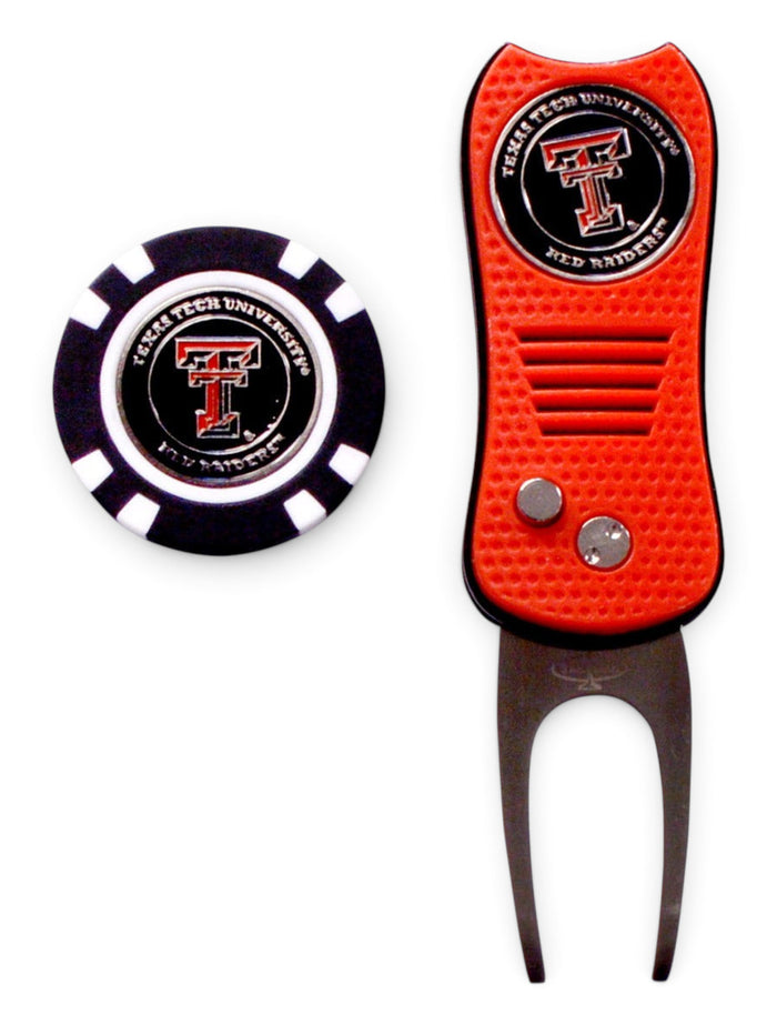 Team Gold SwitchFix Texas Tech Red Raiders Double T Black Divot Tool with Chip in Tin Set – Front view