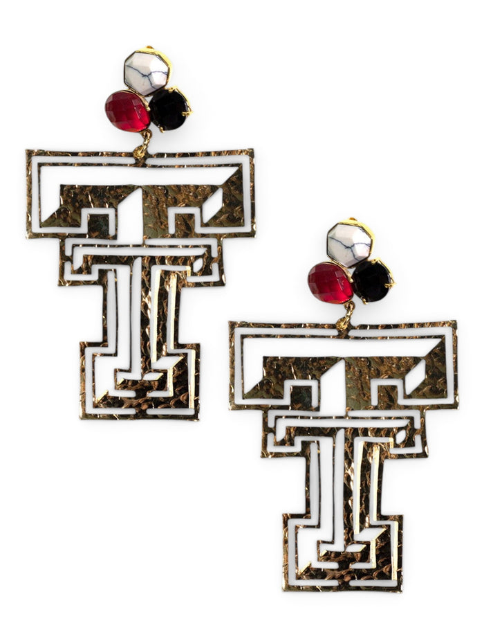 TeamRLN Texas Tech Red Raiders 24K Gold Double T Featuring A Trio Of Team-Colored Gemstones Post Earrings – Front view