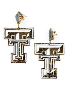 TeamRLN Texas Tech Red Raiders 24K Gold Double T with White Geode Post Earrings – Front view