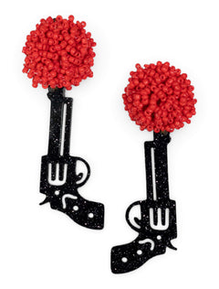 TeamRLN Texas Tech Red Raiders Black Glitter Guns Up Pistol on Red Beaded Post Earrings – Front view
