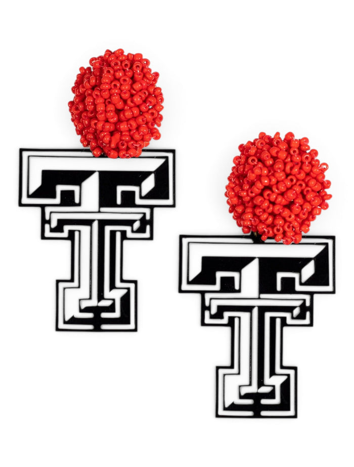 TeamRLN Texas Tech Red Raiders Double T with Red Beaded Post Earrings – Front view