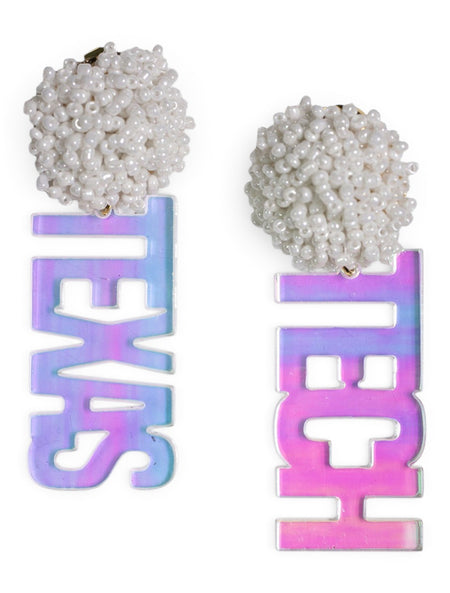 TeamRLN Texas Tech Red Raiders Iridescent TECH on White Beaded Post Earrings – Front view