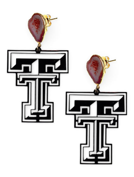 TeamRLN Texas Tech Red Raiders Onyx Double T With 24K Gold Hand-Painted Backing Inset With Red Geodes Post Earrings – Front view