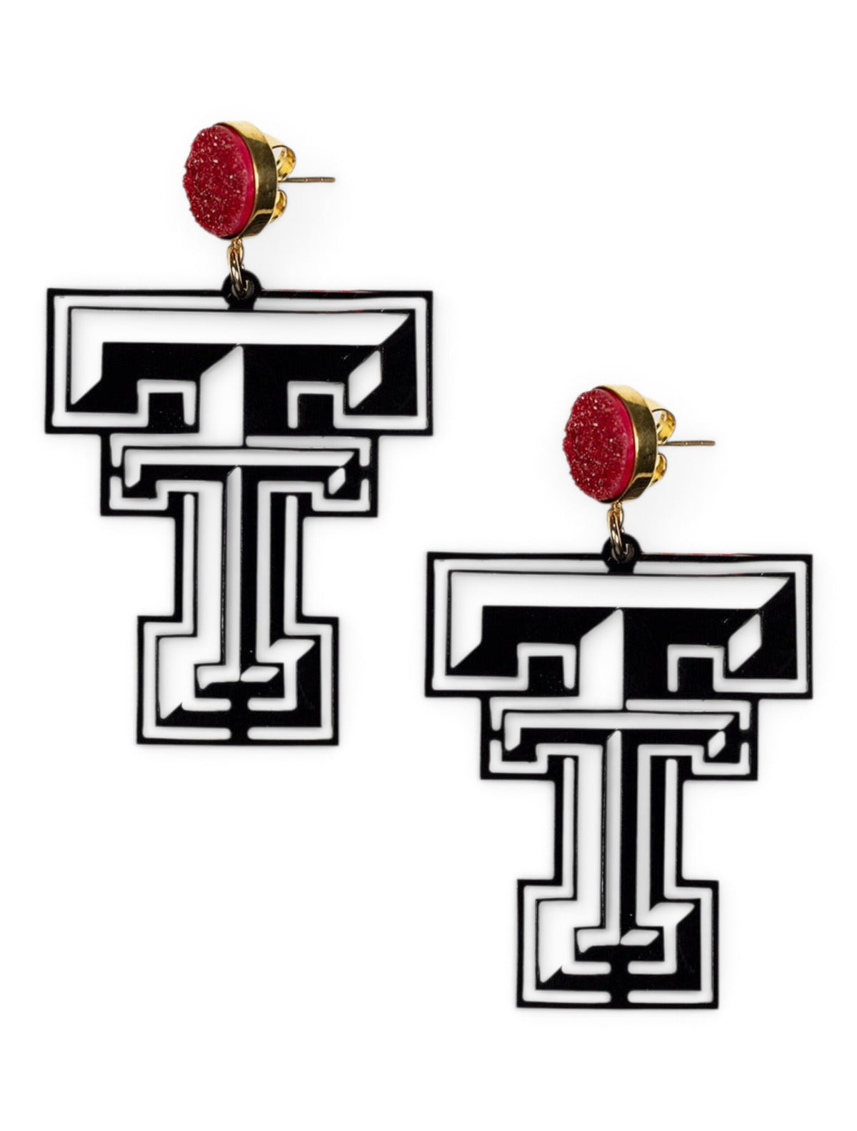 TeamRLN Texas Tech Red Raiders Raider Double T on 18K Gold Plated Setting Red Druzy Earrings – Front view