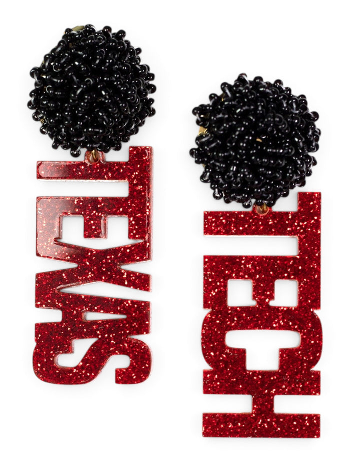 TeamRLN Texas Tech Red Raiders Red Glitter Texas Tech on Black Beaded Post Earrings – Front view