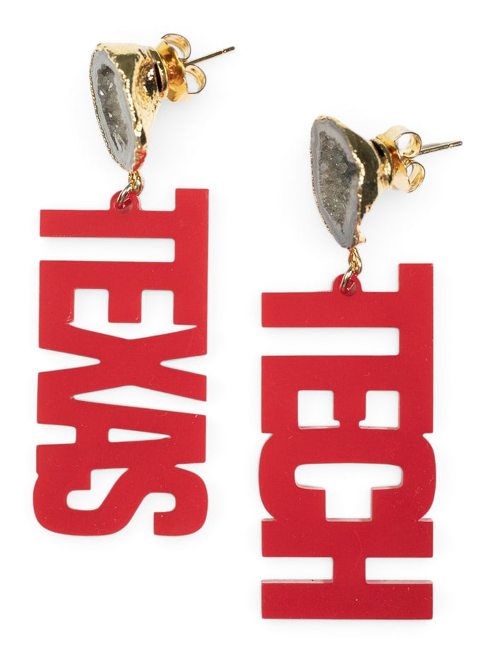 TeamRLN Texas Tech Red Raiders Texas Tech on 18K Gold Hand-Painted Black Geode Earrings – Front view