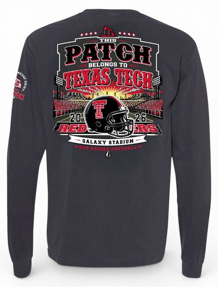 Texas Tech 2026 Official Wreck 'Em Tech Game Day long sleeve tee in grey, back graphic with a Red Raiders helmet at The Jones (aka Galaxy Stadium), oil derricks, and a West Texas sunset