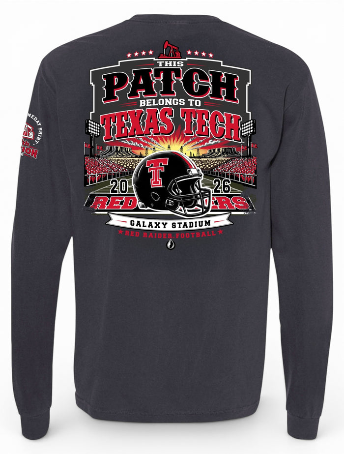 Texas Tech 2026 Official Wreck 'Em Tech Game Day long sleeve tee in grey, back graphic with a Red Raiders helmet at The Jones (aka Galaxy Stadium), oil derricks, and a West Texas sunset