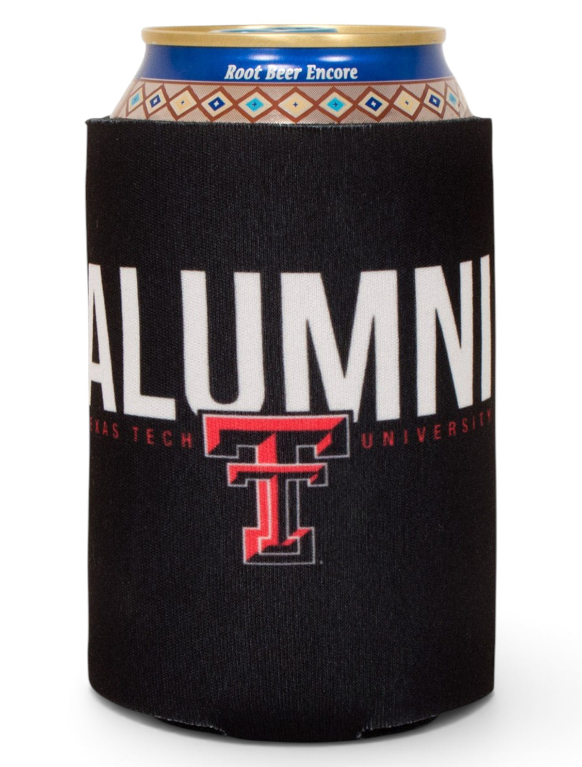 Texas Tech Alumni - Respect Your Elders on Black Can Cooler – Back view
