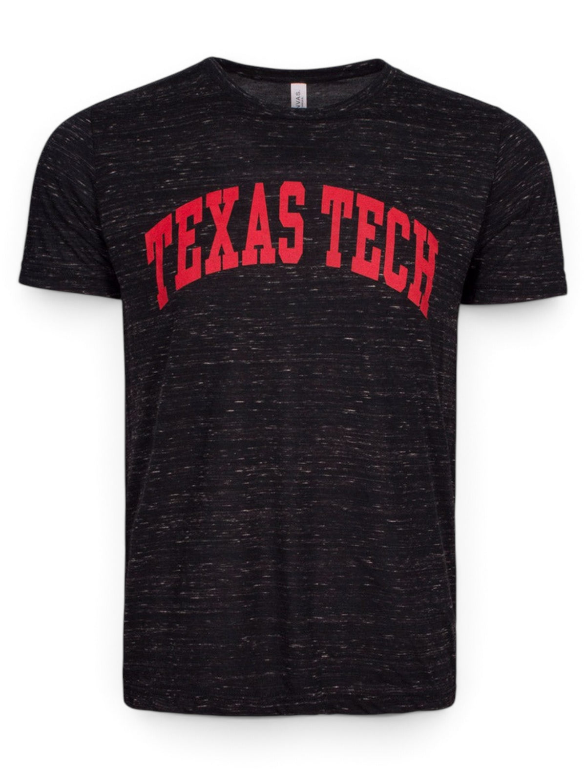 Texas Tech Arch in Red on Heather Black T-Shirt – Front view