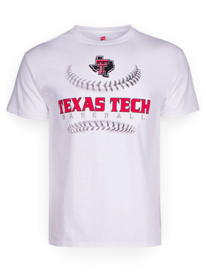 Texas Tech Baseball Laces on White T-Shirt – Front view