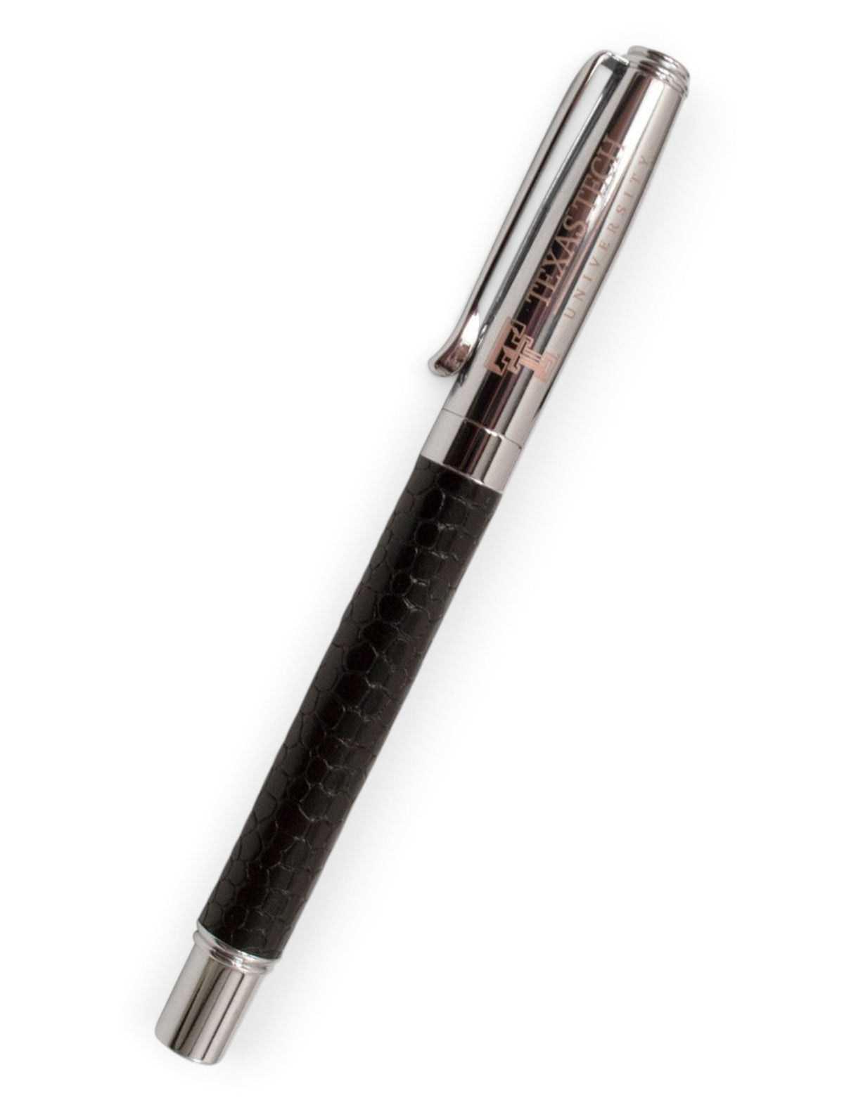 Texas Tech Black Lizard Skin Accent on Silver & Rose Fountain Pen – Detail
