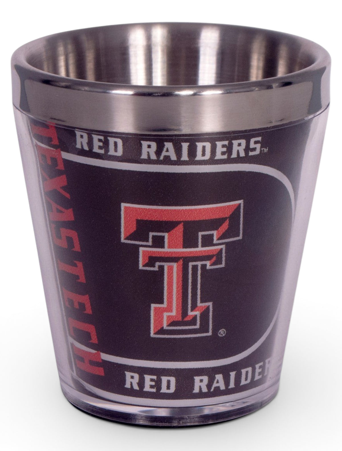 Texas Tech Black Metallic Graphics Wrap Shot Glass – Front view