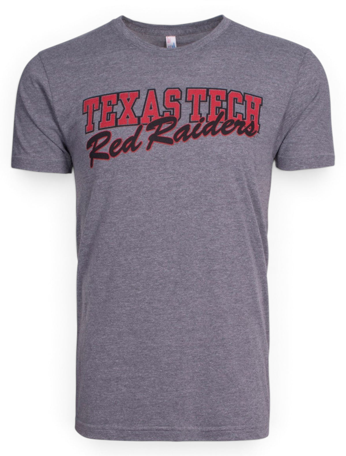 Texas Tech Block & Red Raiders Script on Heather Grey T-Shirt – Front view