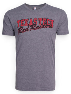 Texas Tech Block & Red Raiders Script on Heather Grey T-Shirt – Front view