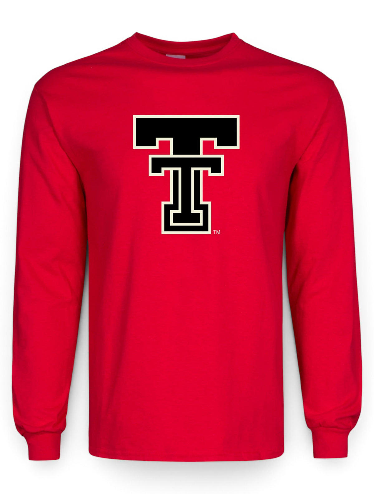 Black Double T with a cream outline on a red Texas Tech long sleeve t-shirt