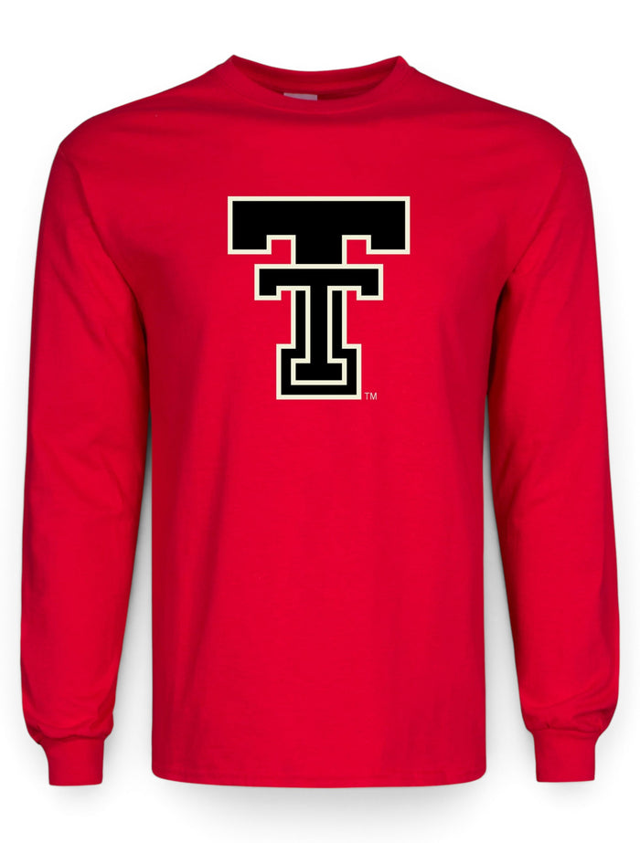 Black Double T with a cream outline on a red Texas Tech long sleeve t-shirt