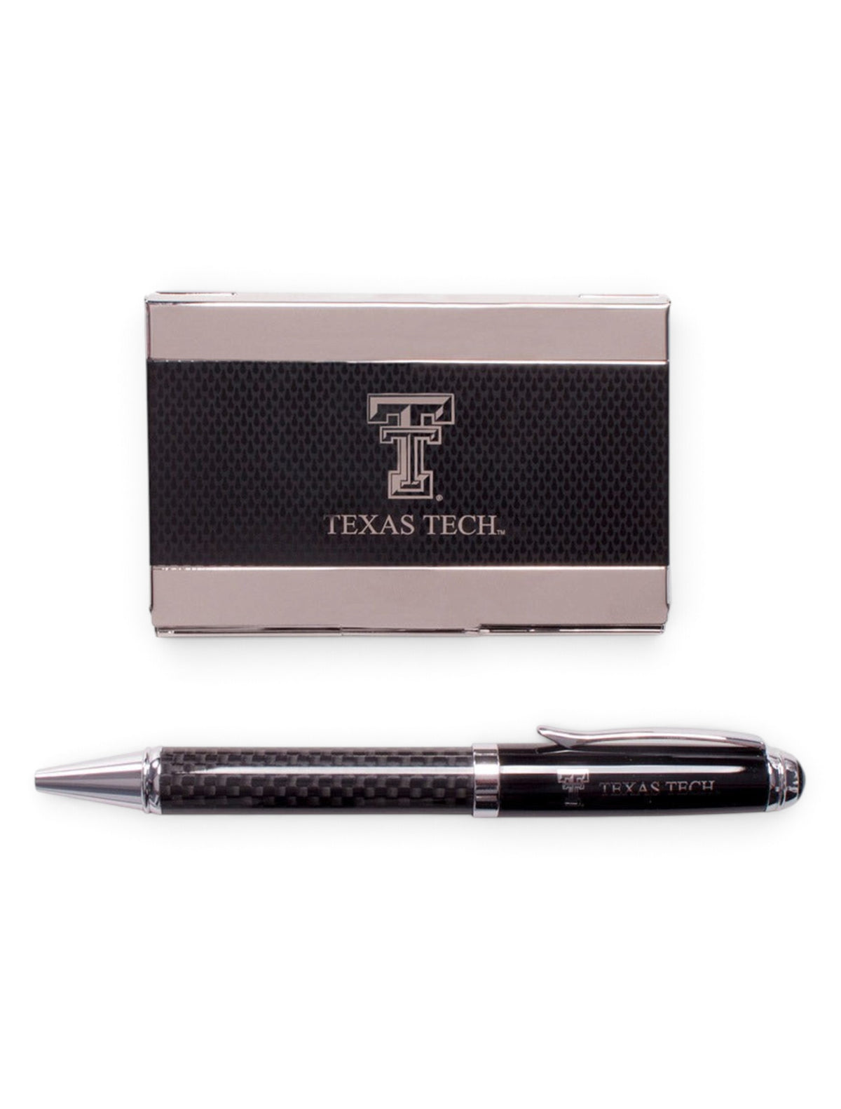 Texas Tech Carbon Fiber Business Card Case and Pen Set – Black detail