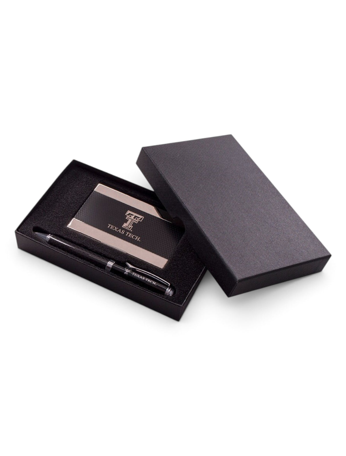 Texas Tech Carbon Fiber Business Card Case and Pen Set – Black front view