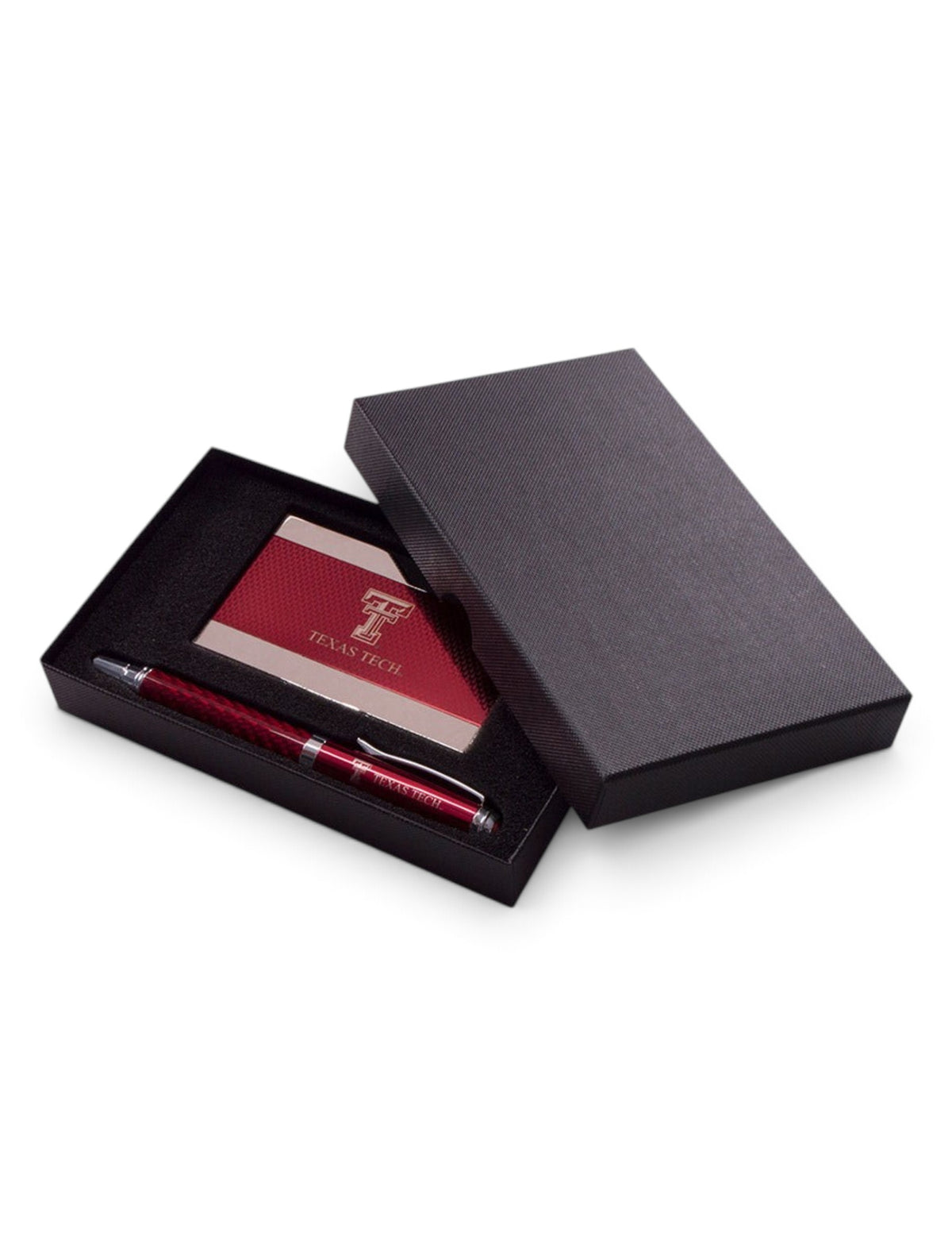 Texas Tech Carbon Fiber Business Card Case and Pen Set – Red front view