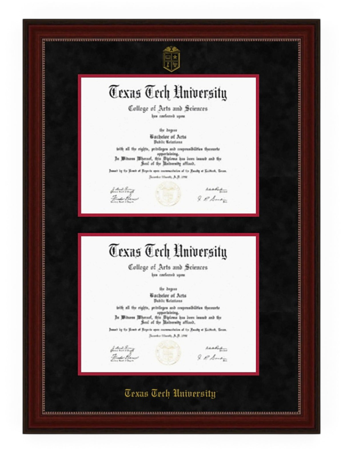 Texas Tech Cherry Bead Black Suede Double Mat Diploma Frame T19 – Front view