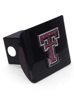 Texas Tech Chrome and Red Rhinestone Double T on Black Hitch Cover – Detail