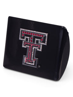 Texas Tech Chrome and Red Rhinestone Double T on Black Hitch Cover – Front view