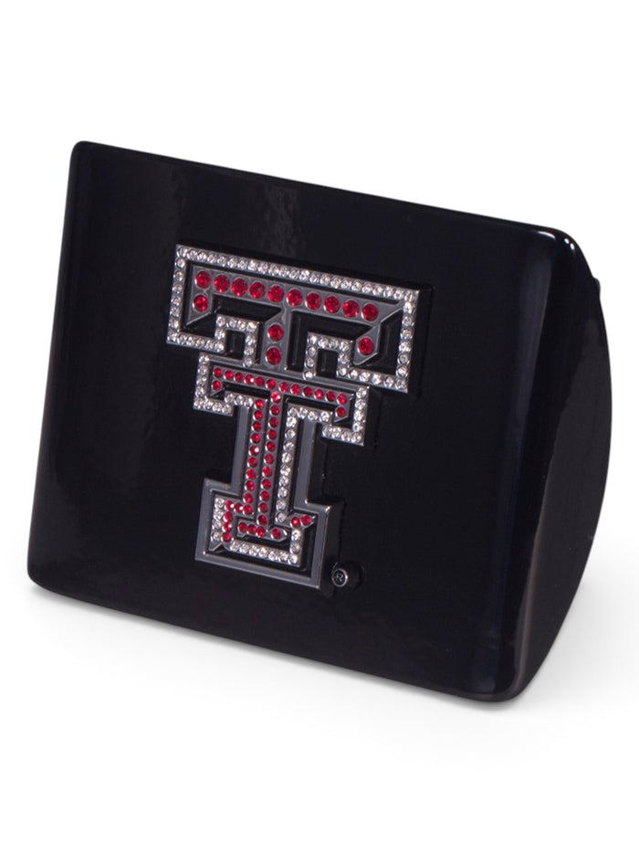 Texas Tech Chrome and Red Rhinestone Double T on Black Hitch Cover – Front view