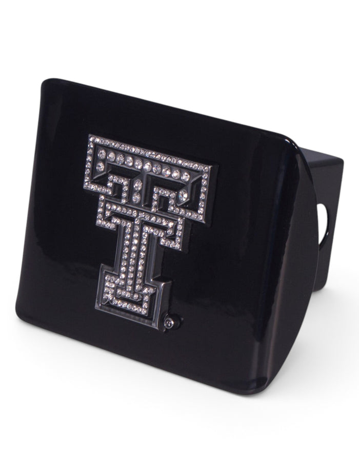 Texas Tech Chrome And Rhinestone Double T on Black Hitch Cover – Front view