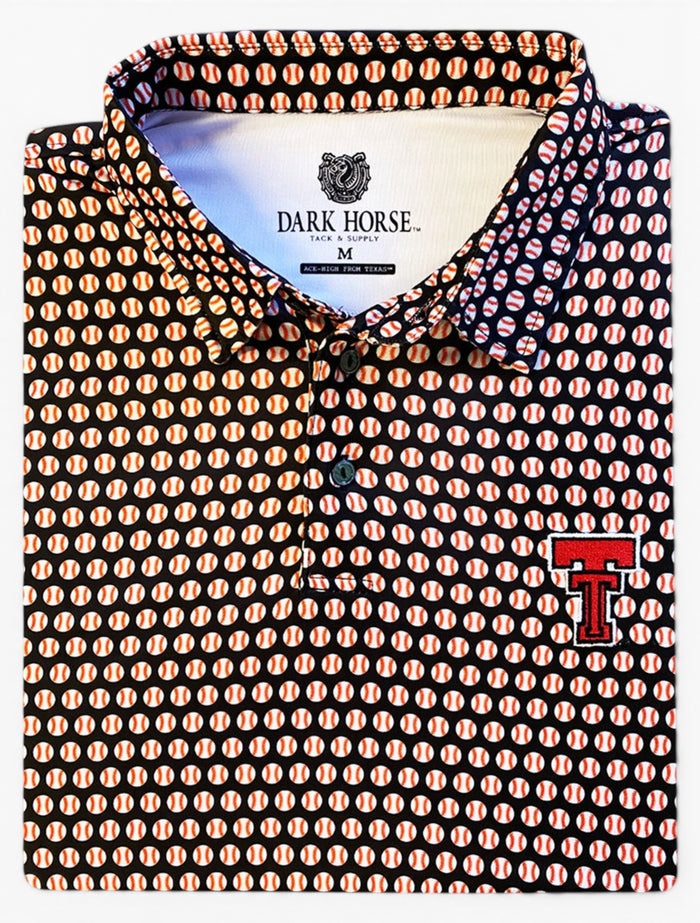 Texas Tech Dark Horse "Baseball All Over" Premium Black Polo – Front view