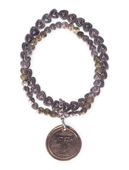 Texas Tech Double T Antique Bronze Heart Bracelet – Front view