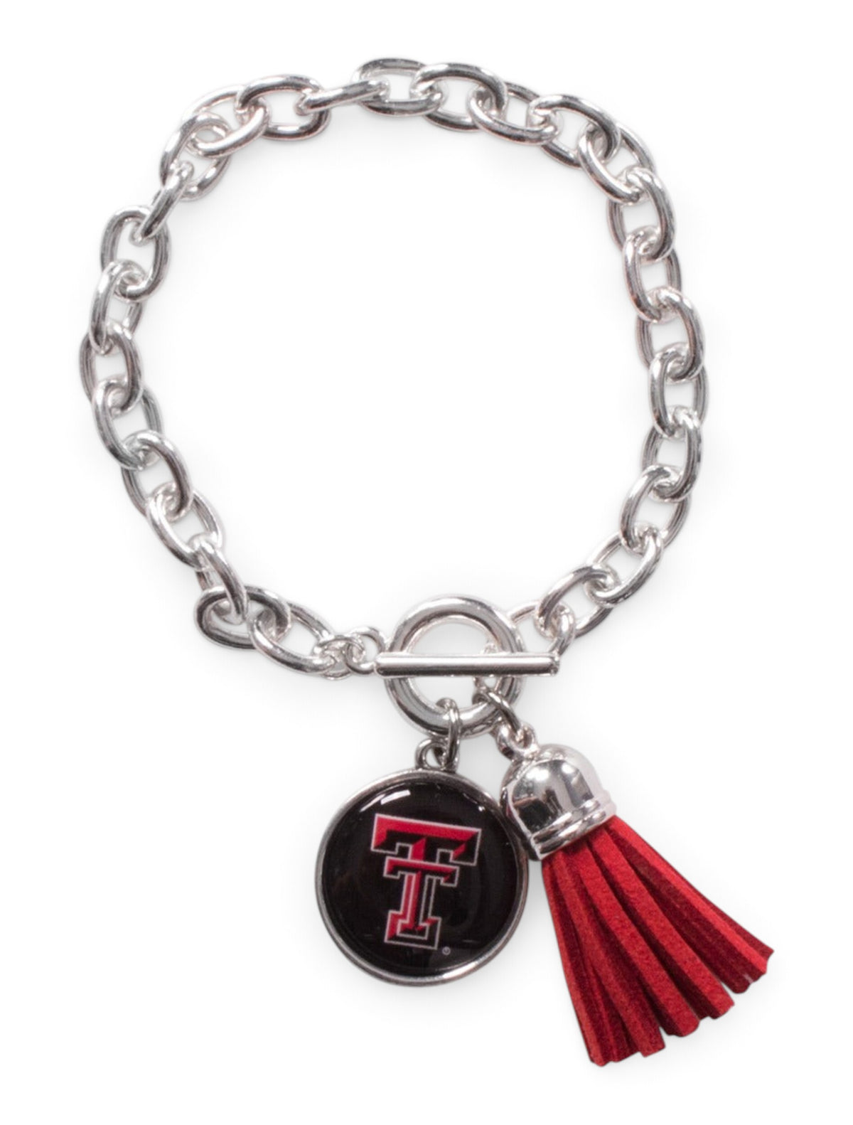 Texas Tech Double T Charm and Suede Tassel Bracelet – Front view