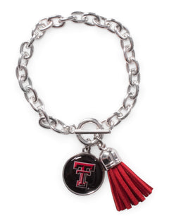 Texas Tech Double T Charm and Suede Tassel Bracelet – Front view