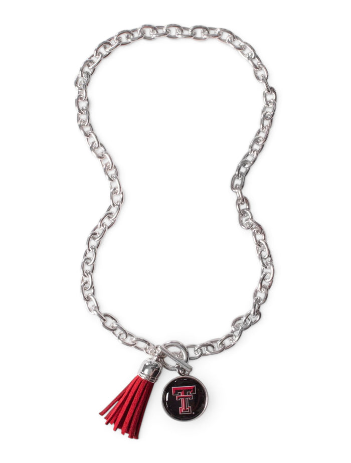 Texas Tech Double T Charm and Suede Tassel Necklace – Front view