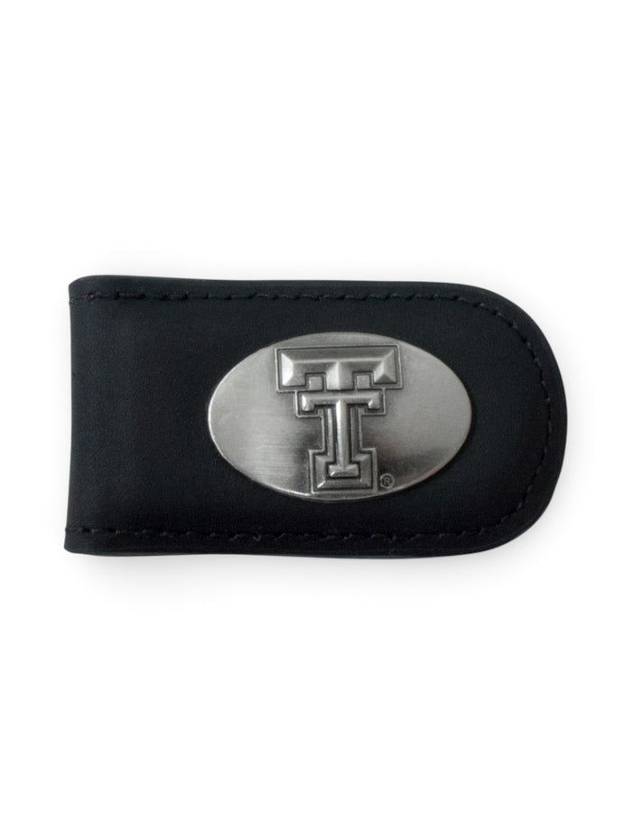 Texas Tech Double T Emblem on Black Leather Money Clip – Front view
