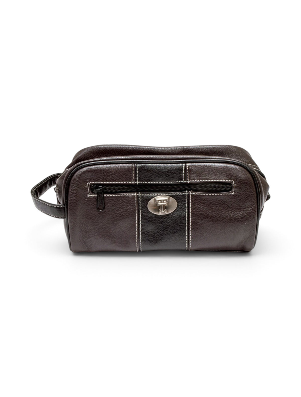 Texas Tech Double T Emblem on Brown & Black Leather Toiletry Bag – Front view