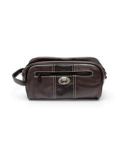 Texas Tech Double T Emblem on Brown & Black Leather Toiletry Bag – Front view