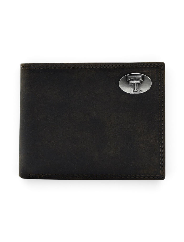 Texas Tech Double T Emblem on "Crazy Horse" Bi-Fold Brown Leather Wallet – Front view