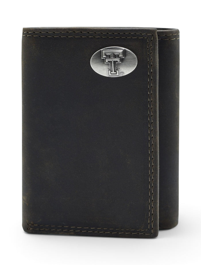 Texas Tech Double T Emblem on Trifold Leather Wallet – Front view