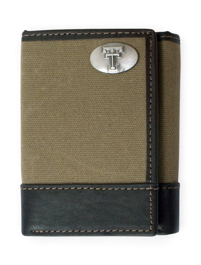 Texas Tech Double T Emblem on Trifold Moss Green Canvas Wallet – Front view