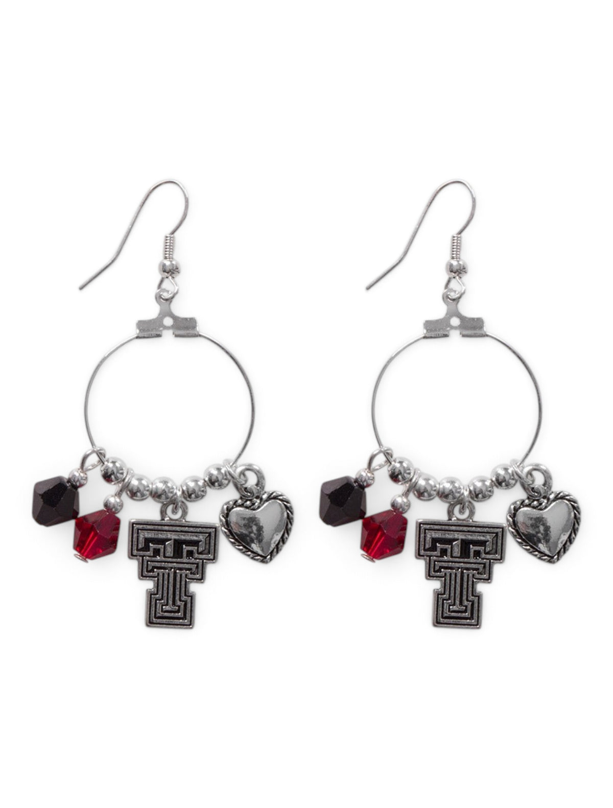 Texas Tech Double T, Heart & Crystal Charm Silver Hoop Earrings – Front view