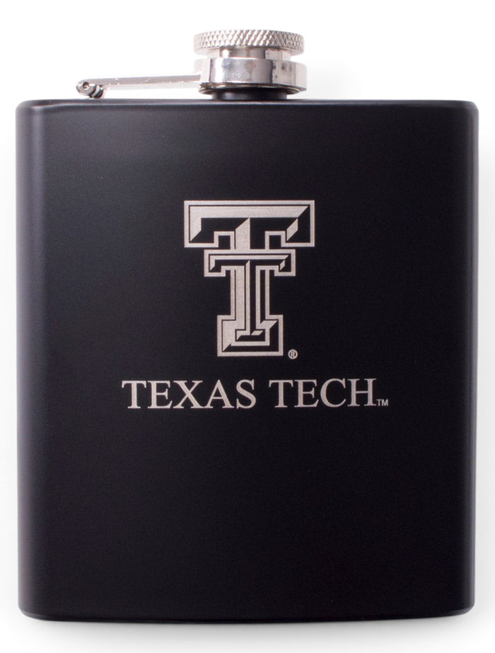 Texas Tech Double T Laser Engraved Metal Flask – Black front view