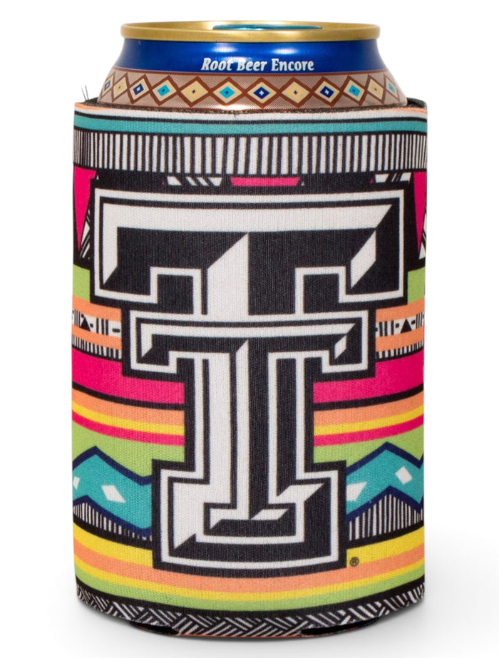 Texas Tech Double T on Multicolored Mara Pattern Can Cooler – Front view