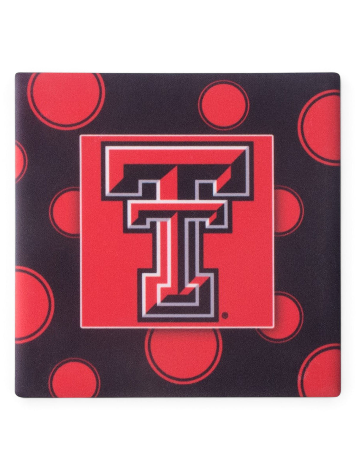 Texas Tech Double T on Polka Dot Black & Red Coaster – Front view